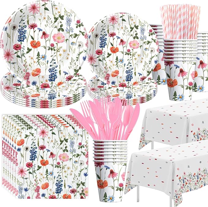 Floral Party Decorations Tableware, Spring Summer Flower Wildflower Party Supplies for Birthday Baby Shower, Paper Plate, Cup, Napkin, Tablecloth, Disposable Cutlery, Serves 24