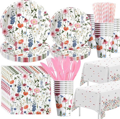 Floral Party Decorations Tableware, Spring Summer Flower Wildflower Party Supplies for Birthday Baby Shower, Paper Plate, Cup, Napkin, Tablecloth, Disposable Cutlery, Serves 24