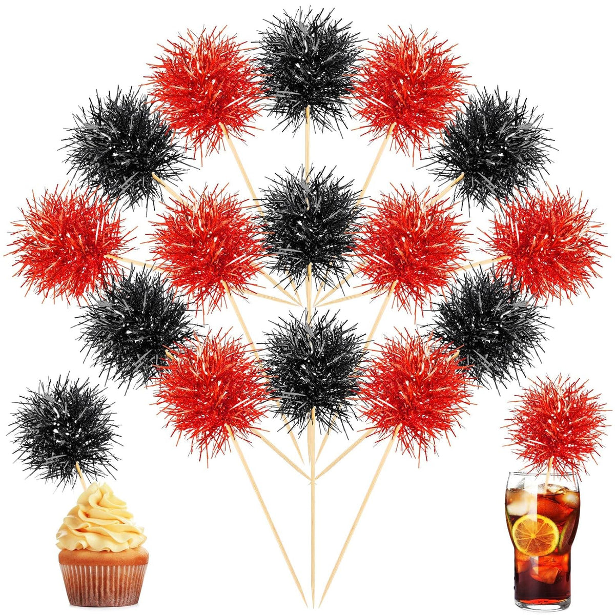 Chinco 100 Pcs Foil Firework Cupcake Toppers Sparkle Tinsel Cake Toppers Cake Decoration Cocktail Fruit Toothpick for Birthday Wedding Graduation Party(Red, Black)