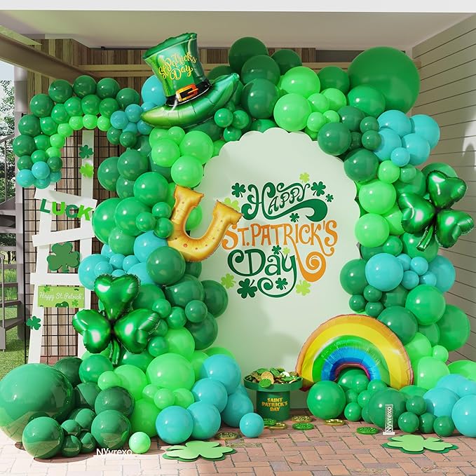 160Pcs St Patricks Day Green Balloons Arch Garland Kit with Lucky Shamrock Clover/Hat/Rainbow/Horseshoe Jumbo foil balloons for Saint Patrick's Day Irish Festival Party Decorations