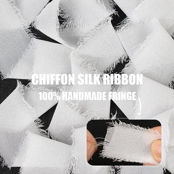 White Chiffon Ribbon - 1 Inch x 21 Yards, Handmade Fringe, Silk, Boho Frayed, Wedding Invitation, Bridal Flower Bouquets, Floral Arrangement, Gift Wrapping