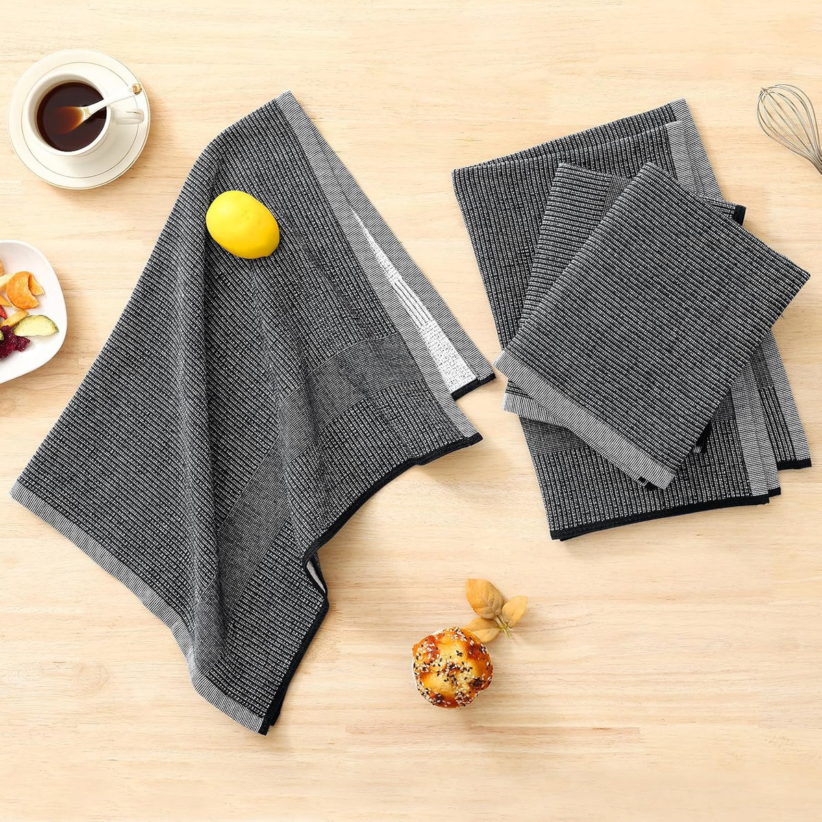 Homaxy Premium Kitchen Towels(18”x 28”, 12 Pack), Large Cotton Kitchen Hand Towels, Flat and Terry Dish Towels, 380 GSM Highly Absorbent Tea Towel Set with Hanging Loop, Black