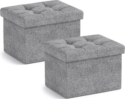 Ornavo Home Small Storage Ottoman, Set of 2, Foldable Collapsible Rectangle Linen Ottoman Foot Rest Stool Seat, for Living Room, Bedroom, Home Office, Dorm - 12 x 16 x 12, Gray