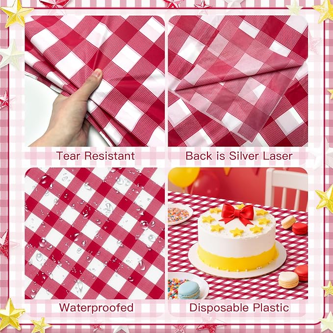 1 Pack Red Striped Gingham Tablecloths, 54 x 108 Inch Disposable Plastic Rectangle Table Covers, Waterproof Red and White Checkered Table Cloths for Picnic, Birthday, Party, Outdoor Events