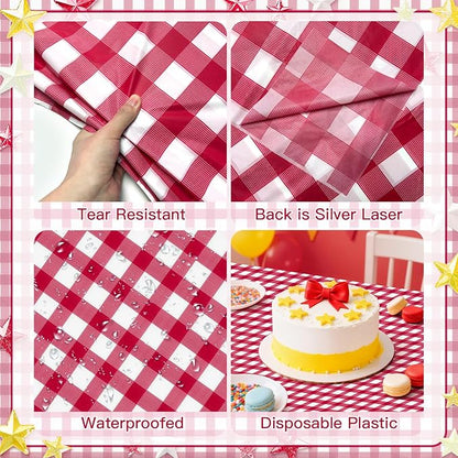 1 Pack Red Striped Gingham Tablecloths, 54 x 108 Inch Disposable Plastic Rectangle Table Covers, Waterproof Red and White Checkered Table Cloths for Picnic, Birthday, Party, Outdoor Events