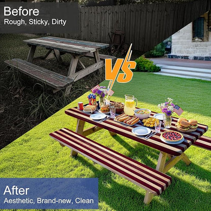 Picnic Table Cover with Bench Covers Windproof Waterproof Picnic Table Covers Camping Tablecloth with Self-Storage Bag, 72in, Vintage Wood Flag