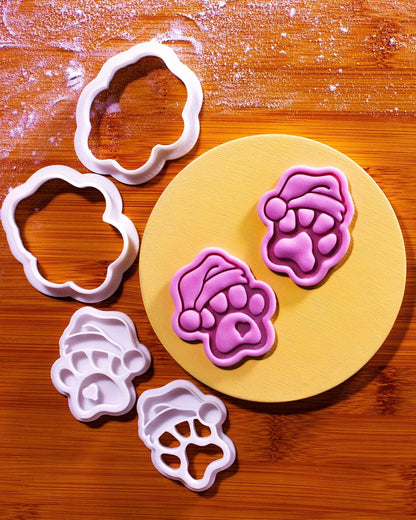 Bakerlogy Paw-lalalala – Mini Santa Paw Cookie Cutter & Stamp Set (2") – Set of 2 Paw Prints with Santa Hat for Christmas Pet-Themed Fondant