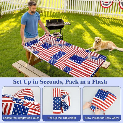 Picnic Table Cover with Bench Covers Windproof Waterproof Picnic Table Covers Camping Tablecloth with Self-Storage Bag, 72in, Multi Flag Patchwork