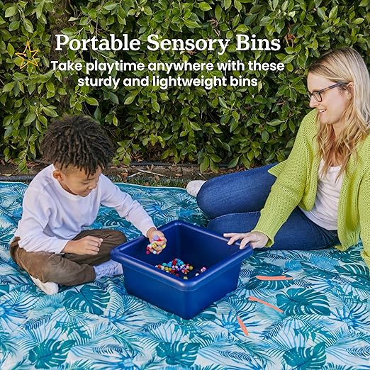 ECR4Kids Stackable Square Bins with Non-Snap Lids, Multipurpose Organization, Navy, 2-Pack