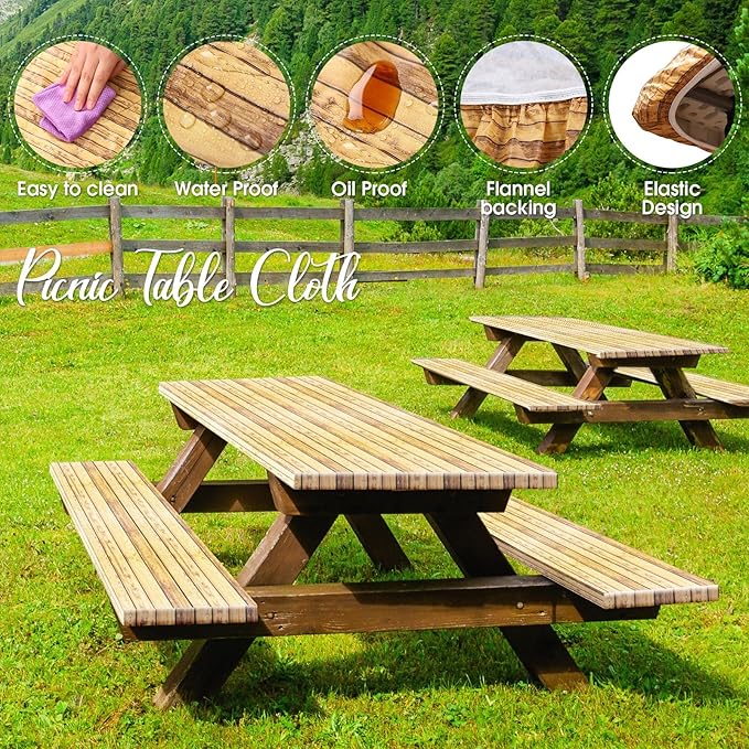 Boao 3 Pcs Vinyl Picnic Table Cover with Bench Cover 6 ft 30 x 72 Inch Waterproof Fitted Tablecloth Flannel Backing Rectangular Elastic Edged for Camping Outdoor Patio Travel(Wood Grain)