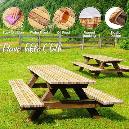 Boao 3 Pcs Vinyl Picnic Table Cover with Bench Cover 6 ft 30 x 72 Inch Waterproof Fitted Tablecloth Flannel Backing Rectangular Elastic Edged for Camping Outdoor Patio Travel(Wood Grain)