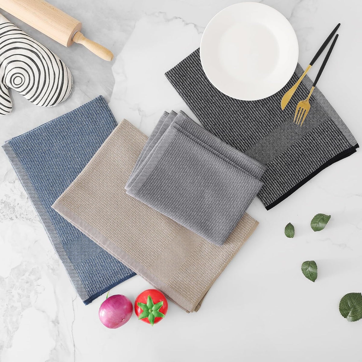 Homaxy Premium Kitchen Towels(18”x 28”, 8 Pack), Large Cotton Kitchen Hand Towels, Flat and Terry Dish Towels, 380 GSM Highly Absorbent Tea Towel Set with Hanging Loop, Mixed Color