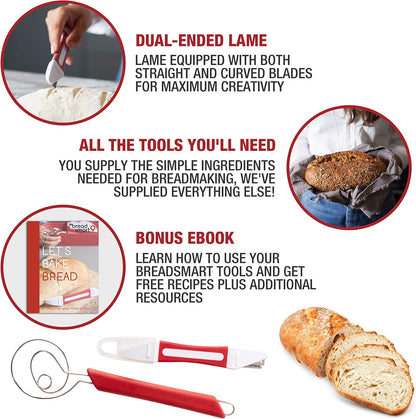 Artisan Bread Making Kit - 5 PC Baking Supplies Set - Lame, Scraper, Whisk, Proofing Basket & Cotton Liner - Red