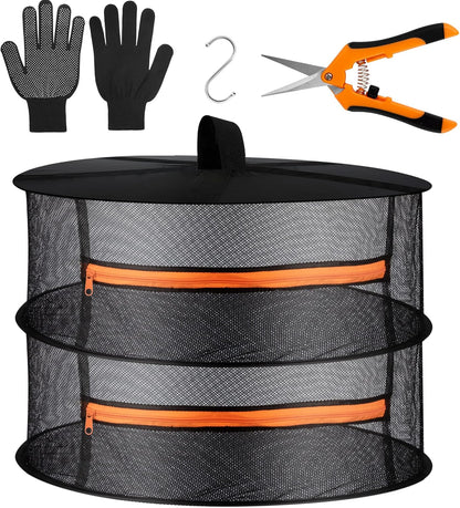Desy & Feeci Herb Drying Rack- 2ft Diameter 2 Layer Folding Mesh Hanging Basket Dryer Net with Zippers for Seeds Flowers Buds Plants Garden Outdoor Bumper Harvest(D24xH16 inch)