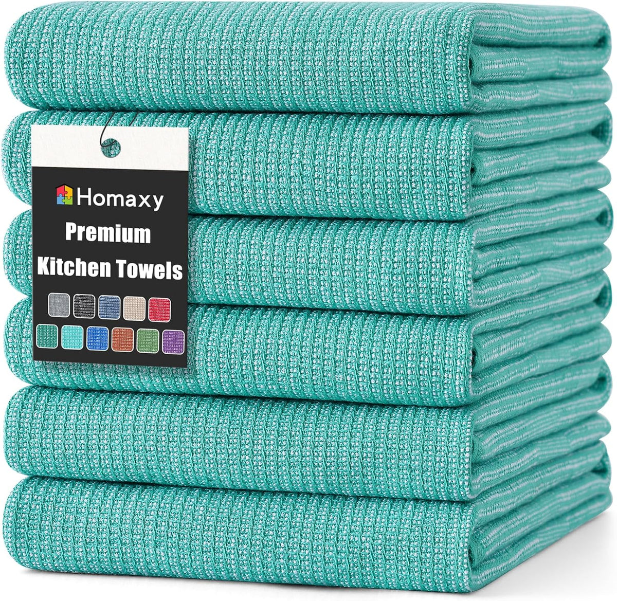 Homaxy Premium Kitchen Towels(18”x 28”, 6 Pack), Large Cotton Kitchen Hand Towels, Flat and Terry Dish Towels, 380 GSM Highly Absorbent Tea Towel Set with Hanging Loop, Teal