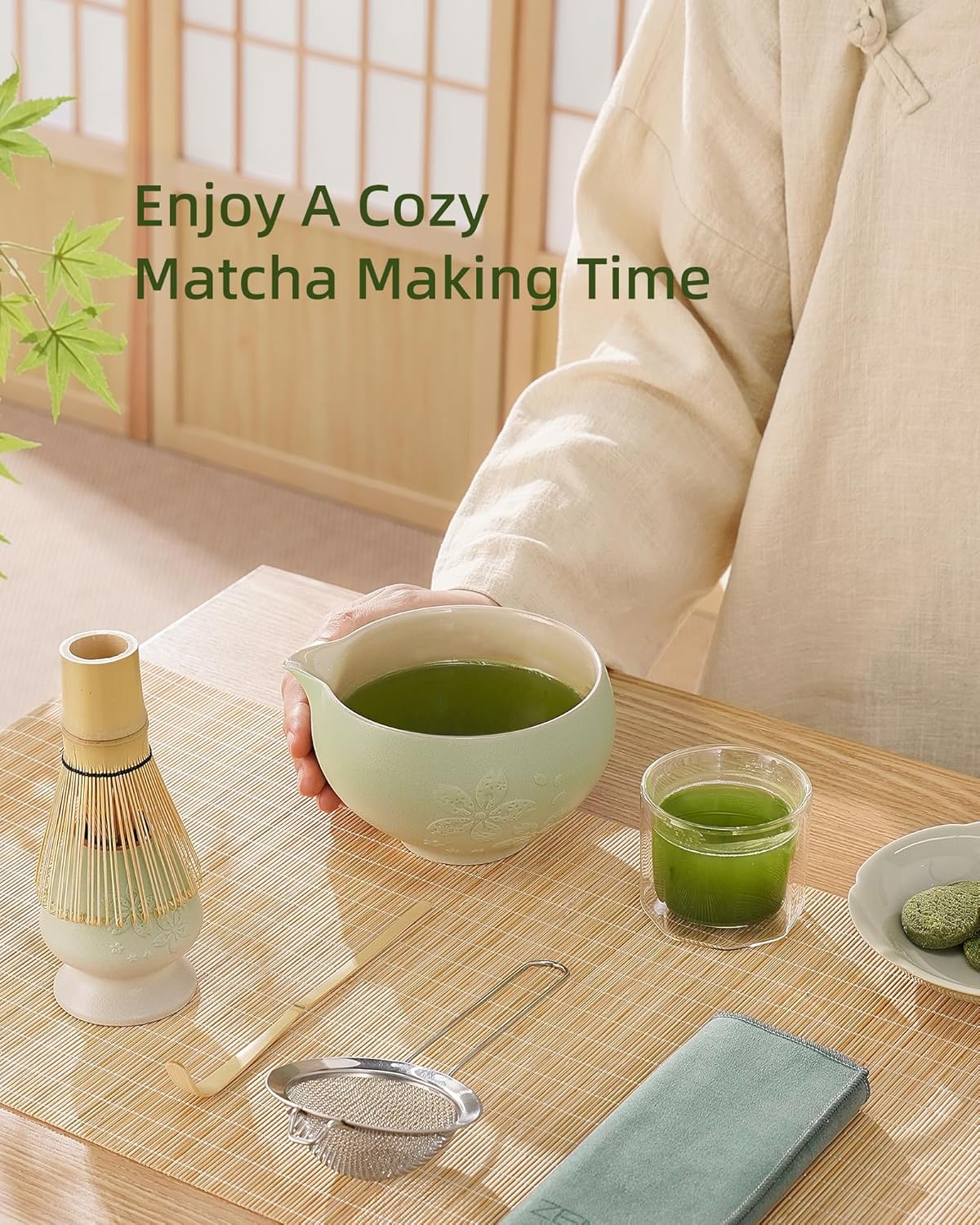 ZENS Matcha Whisk Set, Ceramic Matcha Tea Set with 15oz Sakura Bowl and Bamboo Whisk & Scoop, (Chasen Holder), Stainless Sifter-Tea Towel, 6pcs Matcha Kit for Matcha Lovers, Green