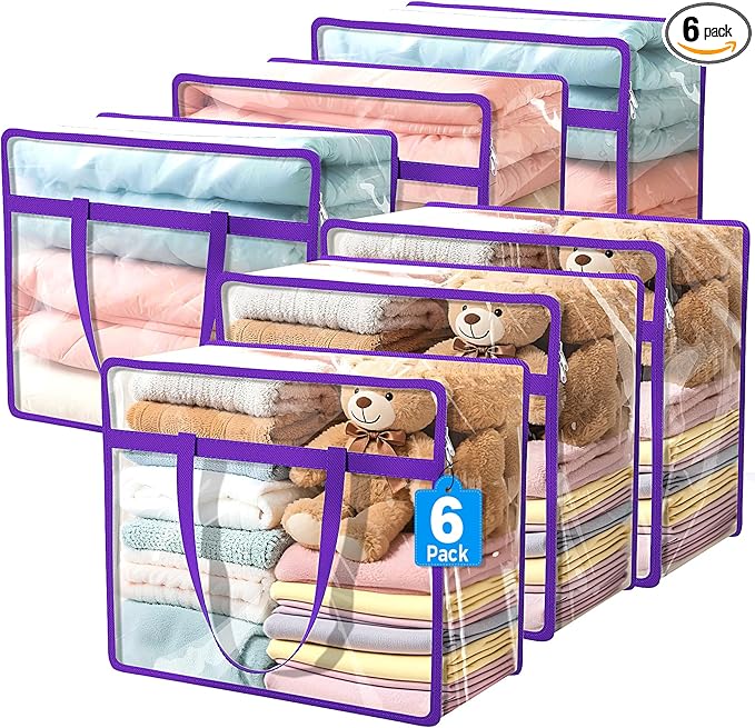 Budding Joy 6 Pack Clear Zippered Storage Bags for Clothes,40L Closet Organizers and Storage Containers Vinyl Moving Bag for Bedding, Linen, Blankets, Comforters, Clothing & Toys