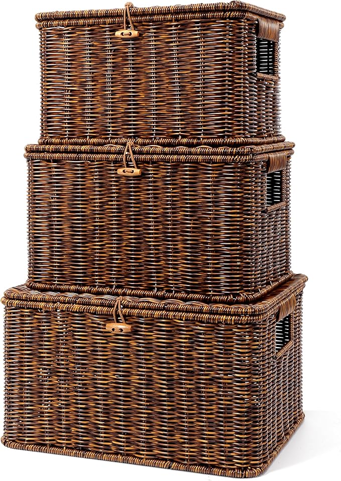 Nonam Wicker Storage Basket with Lid, Large Shelf Baskets for Boho Decor, Plastic Basket, Lidded Home Storage Bins - Stackable Containers Boxes for Organizing - Brown