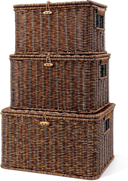 Nonam Wicker Storage Basket with Lid, Large Shelf Baskets for Boho Decor, Plastic Basket, Lidded Home Storage Bins - Stackable Containers Boxes for Organizing - Brown