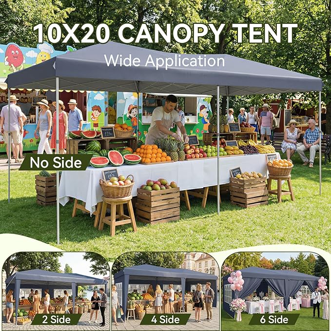 Aoxun 10x20 Pop Up Canopy Tent with 6 Removable Sidewalls, One Push Party Tent Waterproof Outdoor Canopy with 3 Adjustable Height, Portable Tents for Parties, Wedding, Commercial, Market