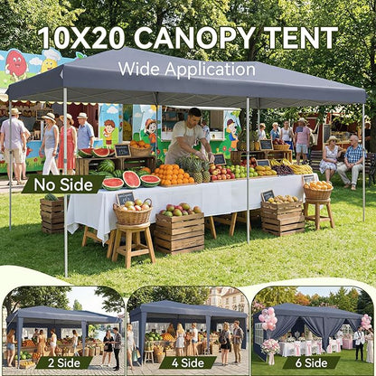 Aoxun 10x20 Pop Up Canopy Tent with 6 Removable Sidewalls, One Push Party Tent Waterproof Outdoor Canopy with 3 Adjustable Height, Portable Tents for Parties, Wedding, Commercial, Market