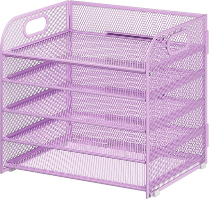 Cawukege 5 Tier Paper Organizer with Handle, Metal Mesh Desk Organizer File Folder Paper Letter Tray Desktop Document Sorter for Classroom, School, Office Accessories Organization and Storage - Purple