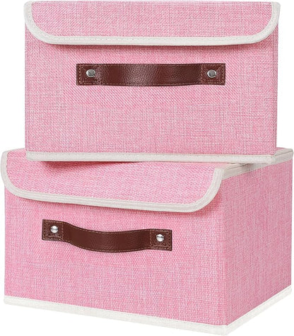 ANMINY 4PCS Storage Bins with Lid PU Leather Handles Storage Boxes PP Plastic Board Decorative Foldable Lidded Cotton Linen Fabric Home Cubes Baskets Closet Organizer Containers - Pink, Small Size