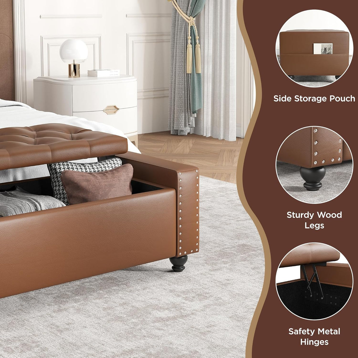 Maupvit Storage Ottoman Bench, 49 Inch Bedroom Bench, Upholstered Ottoman with Storage, Entryway Bench with Tufted Button, Faux Leather Window Bench for Bedroom, Living Room, Entryway, Hallway, Brown