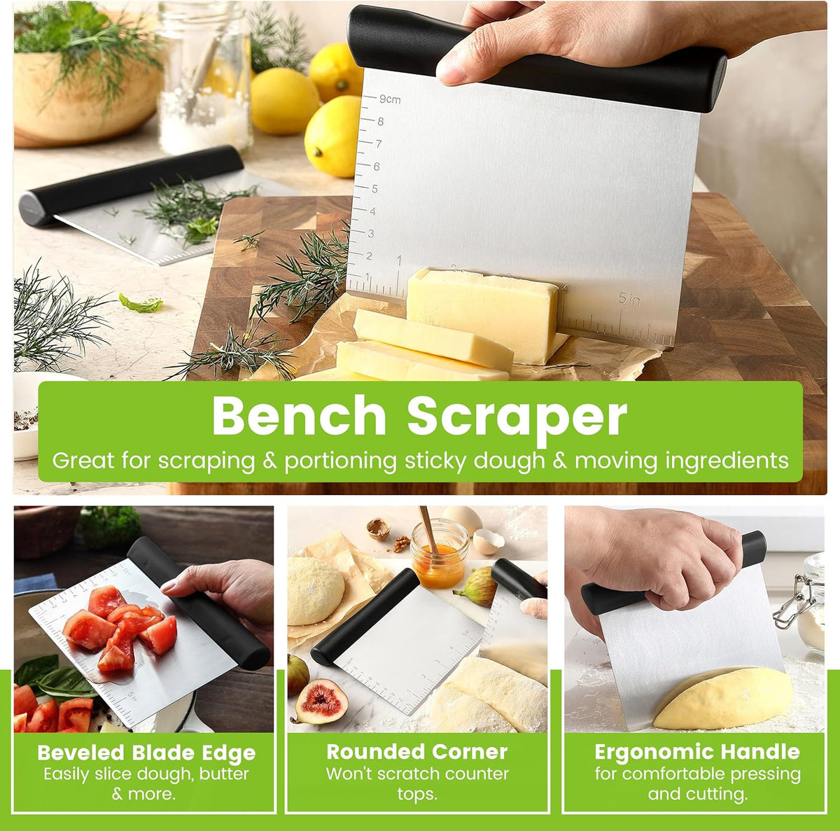 Spring Chef Dough Blender & Pastry Cutter Tool, Stainless Steel Pastry Blender & Bench Scraper for Pizza, Nut, Pie