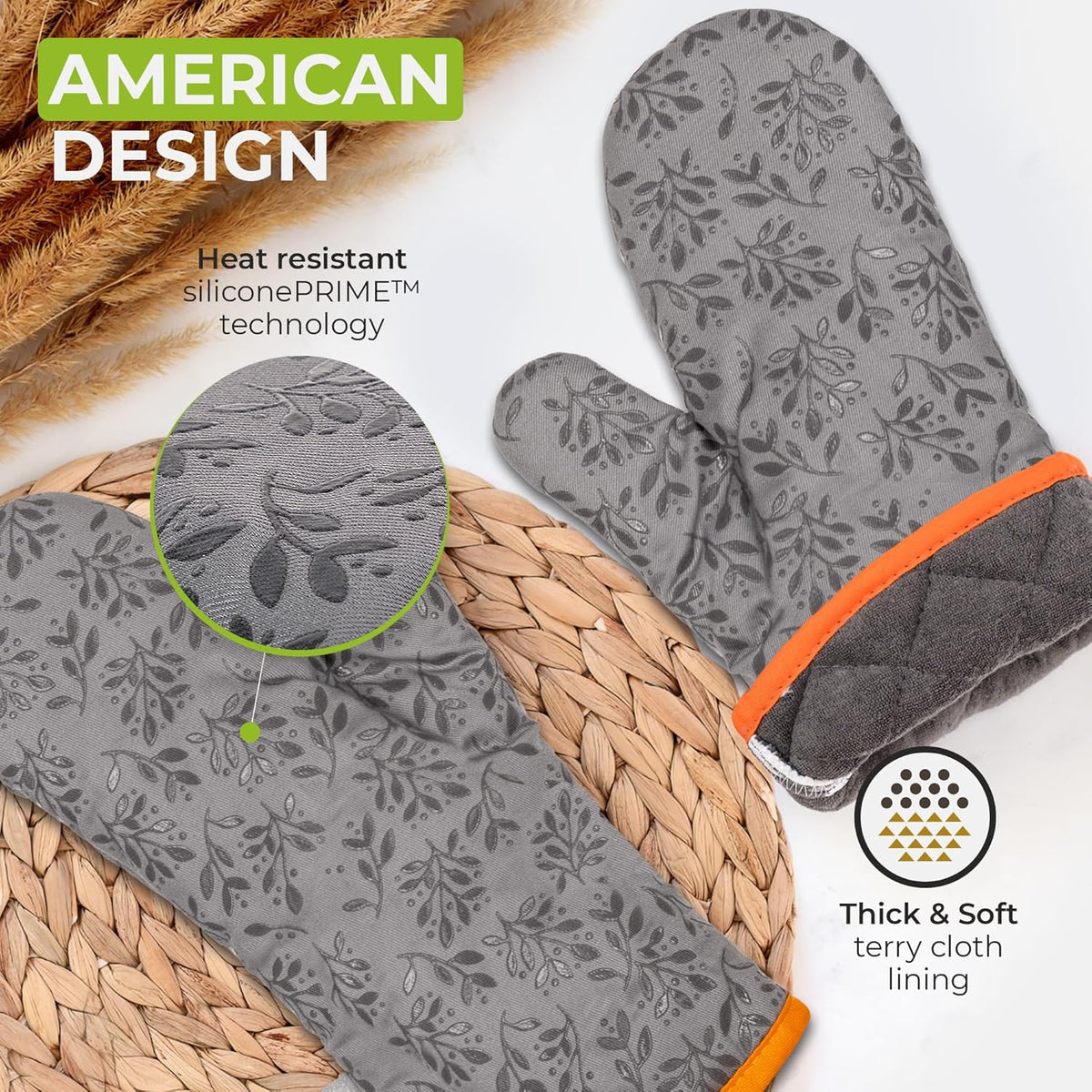 Premium Heat-Resistant Oven Mitts - Stylish and Beautiful - Non-Slip Platinum Silicone Grip - Long and Thick