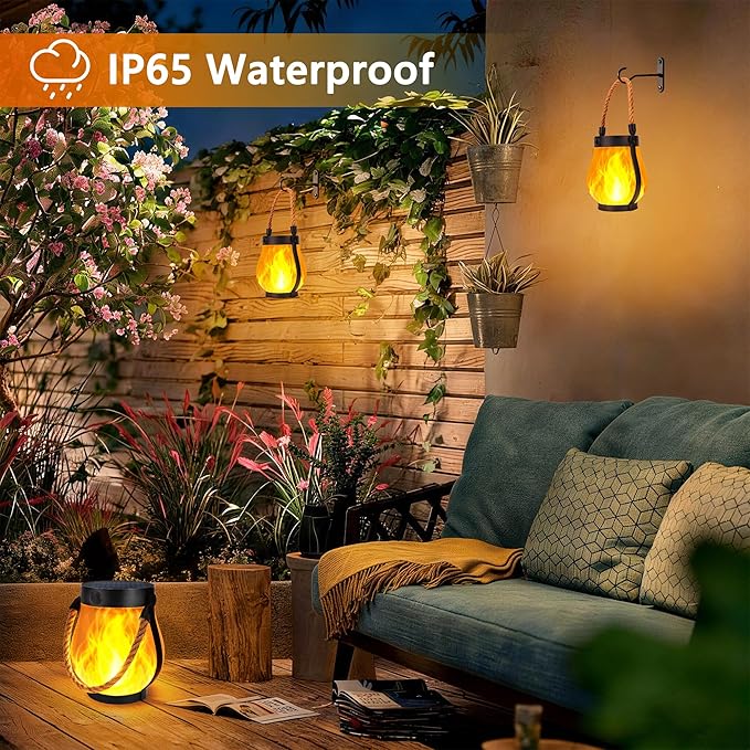Toodour Solar Lanterns Outdoor Lights, 2 Pack Waterproof Flickering Flame Hanging Lanterns with 2 Modes, Dual Charging USB/Solar Solar Lights for Camping Patio Garden Yard Porch Deck Outdoor Decor