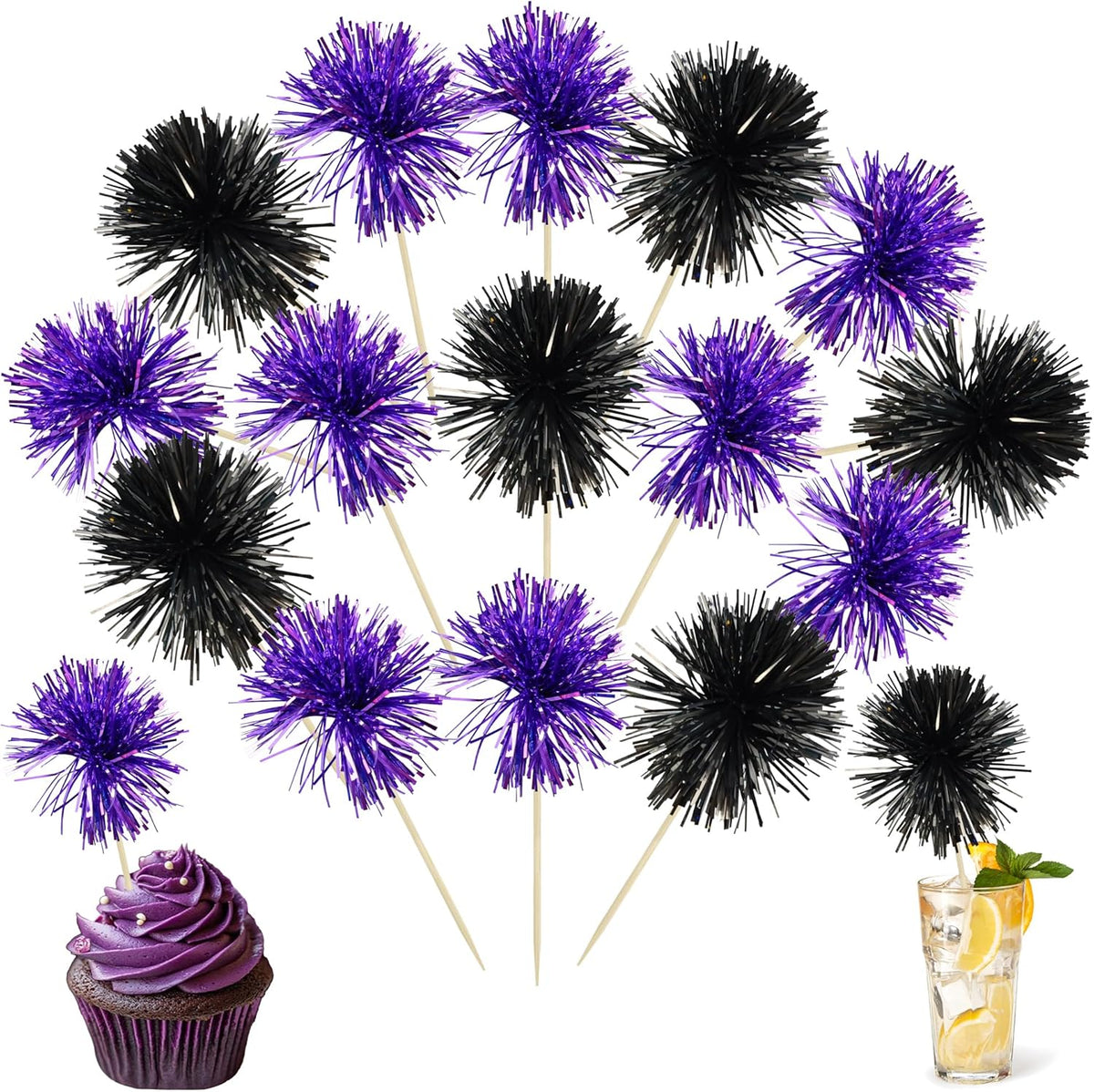 Ephlyn 30Pcs Foil Firework Cupcake Toppers Sparkle Tinsel Cupcake Picks Happy Birthday Cake Decorations Drink Stirrers Cocktail Food Toothpicks for Baby Shower Graduation Party Supplies Black Purple