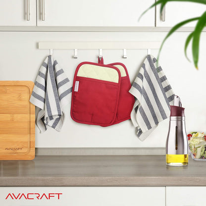 Avacraft Red Pot Holders Set, Flexible, 100% Cotton with Non-Slip Heat Resistant Silicone Design, Thick Terry Cloth Interior, Hot Pads