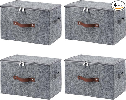 4 Pack Storage Bins with Zipper Lid Cotton Linen Fabric Lidded Storage Baskets Boxes Foldable Washable Closet Shelf Clothes Organizer Container with PU Leather Handles (Gray, Large)
