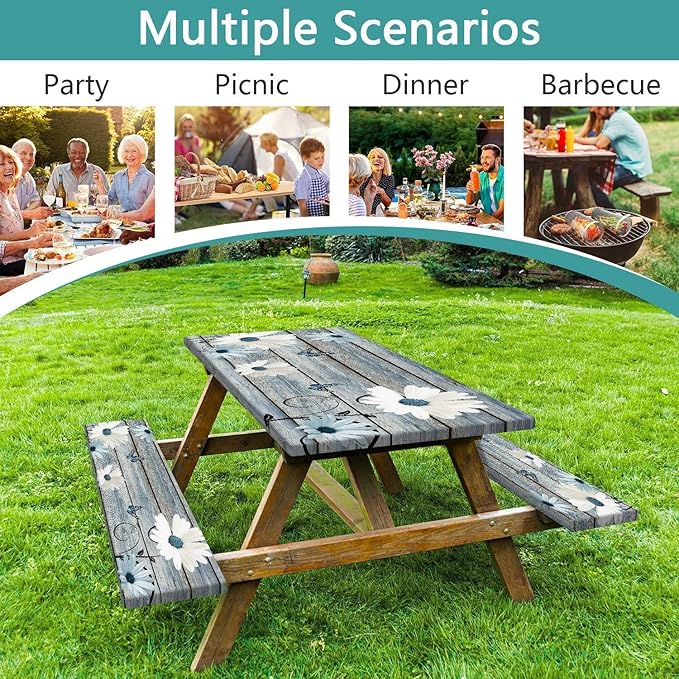 Rustic Daisy Picnic Table Cover with Bench Covers, Farmhouse Vintage Floral on Wooden Board Blue Flower Tablecloth for Camping Indoor Outdoor Party Decorations, 30X72in