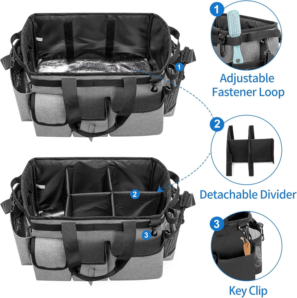LoDrid Large Wearable Cleaning Caddy Bag with Detachable Divider, Cleaning Organizer with Handles, Cleaning Supply Tote with Adjustable Shoulder Strap for Cleaners & Housekeepers, Grey