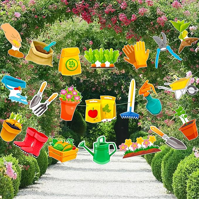 3Pcs Gardening Tool Banners Garden Birthday Party Decorations Garden Tool Theme Banner Garlands Hanging Decorations for Spring Theme Birthday Party Baby Shower Supplies