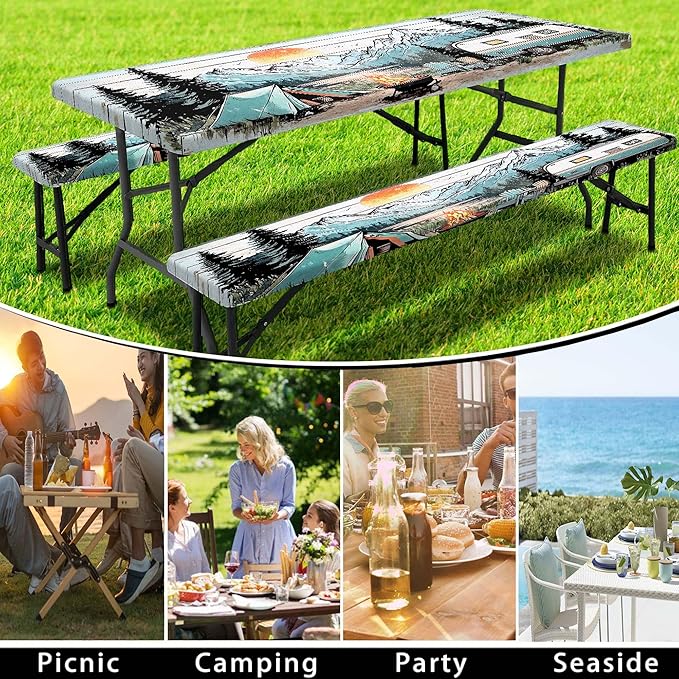 Picnic Table Cover with Bench Covers and Bag, Wooden Camper Waterproof Windproof, Fitted Tablecloth Cover with Elastic Edge, for Indoor & Outdoor, Garden, Camping, 3 Pieces Set, 30x96 Inch