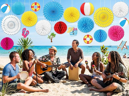 22pcs Summer Pool Party Decorations – Hanging Paper Fans, Beach Ball Lanterns, Pom Poms, Honeycomb for Hawaiian Luau Theme Birthday, Classroom, Outdoor Indoor Decor