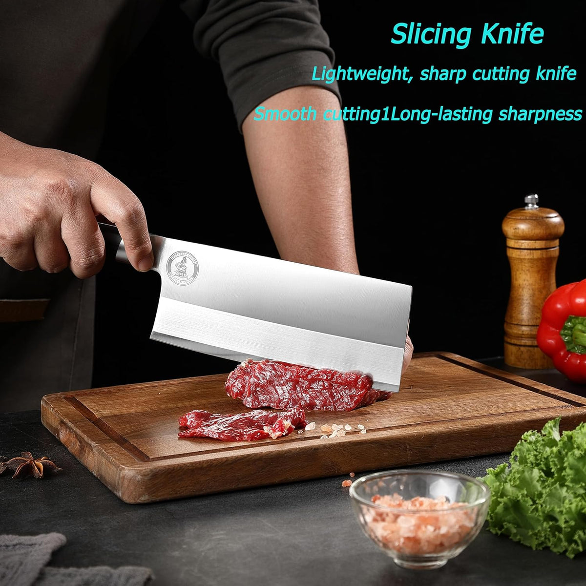 Kitory 7" Lightweight Meat Cleaver, Chinese Chef Knife for Slicing & Chopping (No Bones)- German High Carbon Steel - Ergonomic Pakkawood Handle