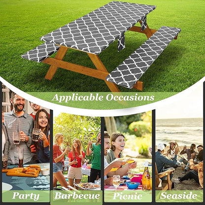 Fitted Picnic Table Cover with Bench Covers Waterproof Elastic Edges Rectangle Patio Tablecloth Outdoor Camping Essentials Stuff Rv Accessories Summer Trip Travel Supplies Party Camper Gifts, 6 ft
