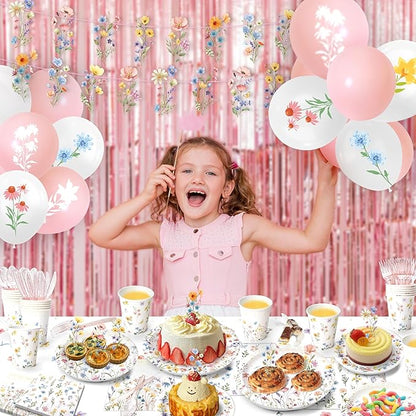 Kinovo 202PCS Wildflower Party Decorations Set with Banner, Balloons, Plates, Cups, Napkins, Tablecloth & Cutlery - Floral Baby Shower Birthday Supplies for 24 Guests