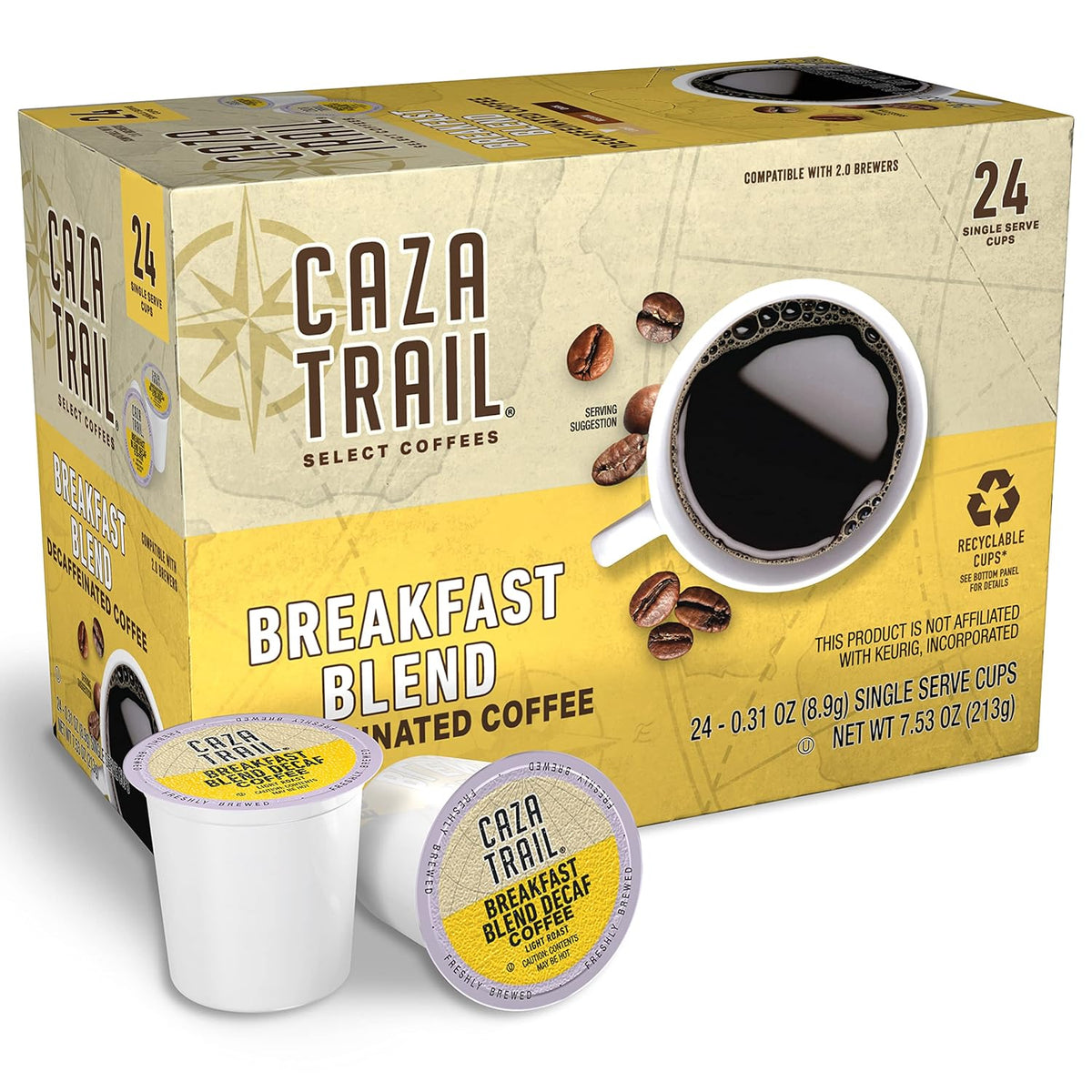 Caza Trail Coffee Pods, Decaf Breakfast Blend, Single Serve (Pack of 24)