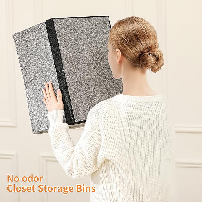 Linen Folding Storage Bins, 3 Pack Large Storage Baskets, Washable, Clothing Storage Bins with Handle, Closet Organizer for Storage Sweater,Sheets (gray black, 18½"x11"x8½")