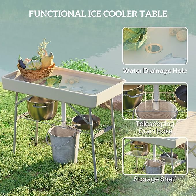 Outsunny Folding Ice Cooler Table with Drain, Fill and Chill, Tan, 40.6"L x 22"W x 32.3"H, Modern Picnic Table