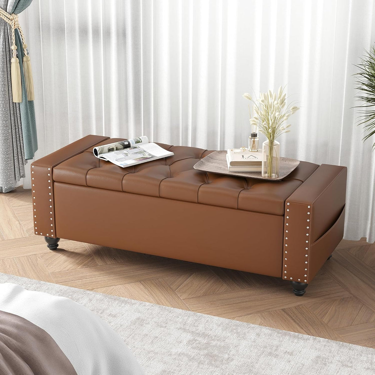 Maupvit Storage Ottoman Bench, 49 Inch Bedroom Bench, Upholstered Ottoman with Storage, Entryway Bench with Tufted Button, Faux Leather Window Bench for Bedroom, Living Room, Entryway, Hallway, Brown