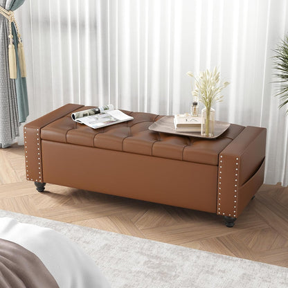 Maupvit Storage Ottoman Bench, 49 Inch Bedroom Bench, Upholstered Ottoman with Storage, Entryway Bench with Tufted Button, Faux Leather Window Bench for Bedroom, Living Room, Entryway, Hallway, Brown