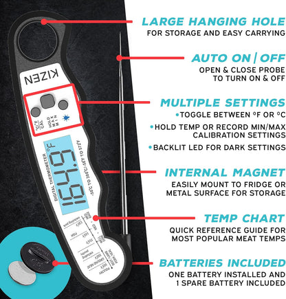 Kizen Instant Read Meat Thermometer Digital - Food Thermometer for Cooking, Grill, Oven, BBQ - Waterproof and Backlit Display - Kitchen Gadgets