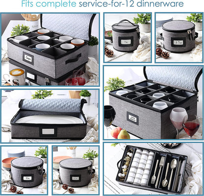 Fine China Storage Containers, 8 Piece Quilted Dish Storage Containers for Flatware & Utensil, Mug, Platter and Wine Glass with Felt Dividers, Durable Dinnerware Dish Organizers for Moving, Grey