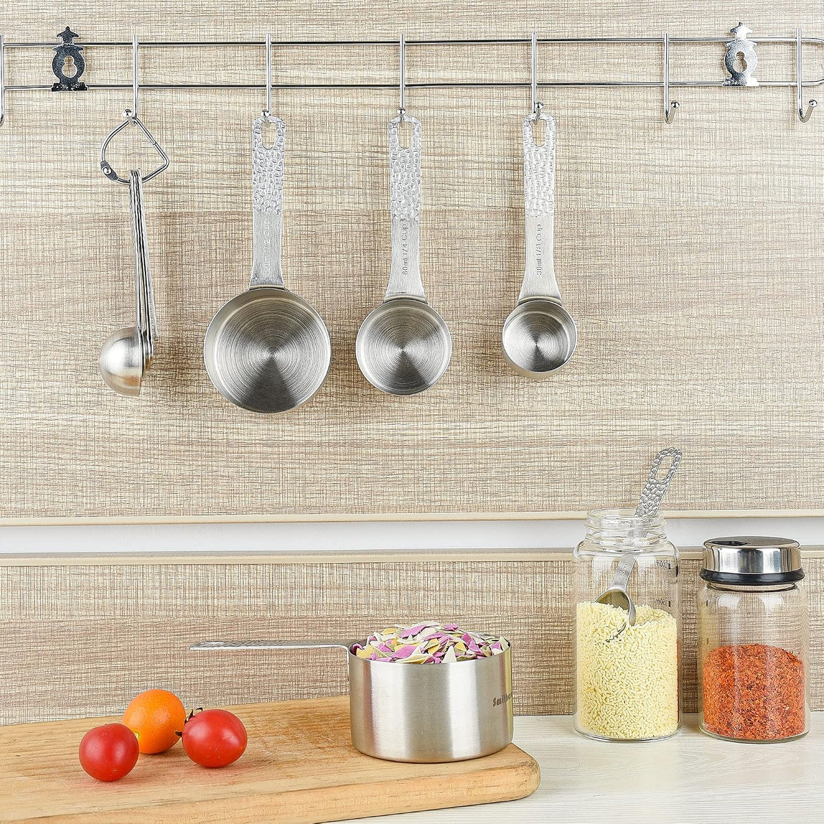 18/8 Stainless Steel Measuring Cups and Spoons Set 10 for Baking &amp; Kitchen, Metric &amp; US Metal 4 Measuring Cups and 5 Measuring Spoons with 1 Leveler